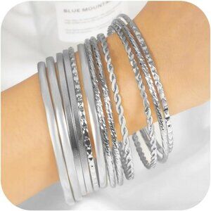 Women Silver Metal Stackable Boho Indian Bangles Bracelet Stack Non Tarnish